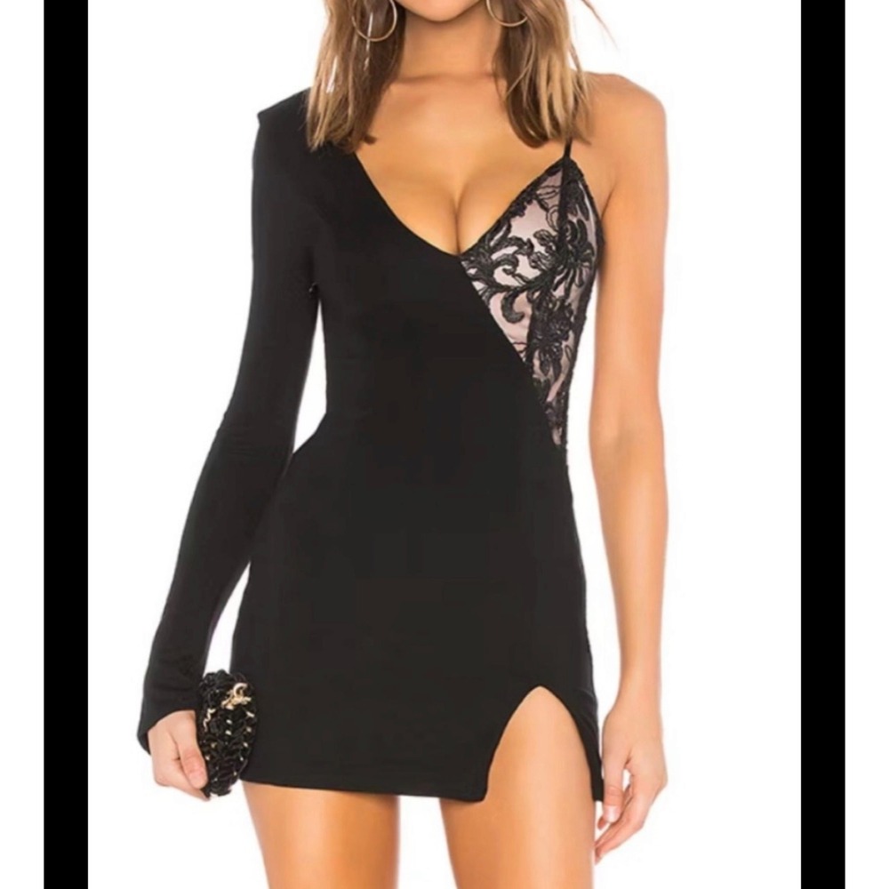 Hours Black Asymmetric One Shoulder Lace Mini Dress XS Slit Long Sleeve Revolve